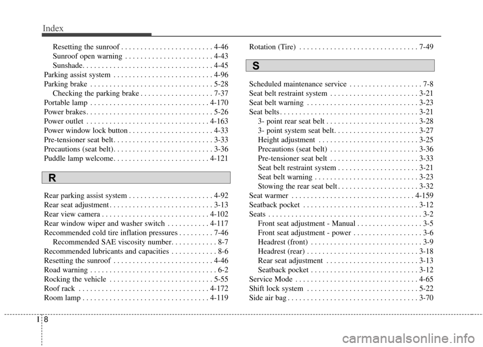 KIA Rondo 2016 3.G Owners Manual Index
8I
Resetting the sunroof . . . . . . . . . . . . . . . . . . . . . . . . 4-46
Sunroof open warning . . . . . . . . . . . . . . . . . . . . . . . 4-43
Sunshade. . . . . . . . . . . . . . . . . . 