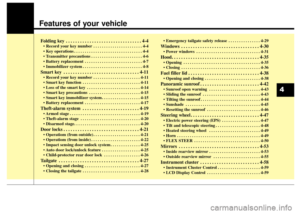 KIA Rondo 2016 3.G Owners Manual Features of your vehicle
Folding key . . . . . . . . . . . . . . . . . . . . . . . . . . . . . . . . 4-4
• Record your key number . . . . . . . . . . . . . . . . . . . . . . . 4-4
 . . . . . . . . .