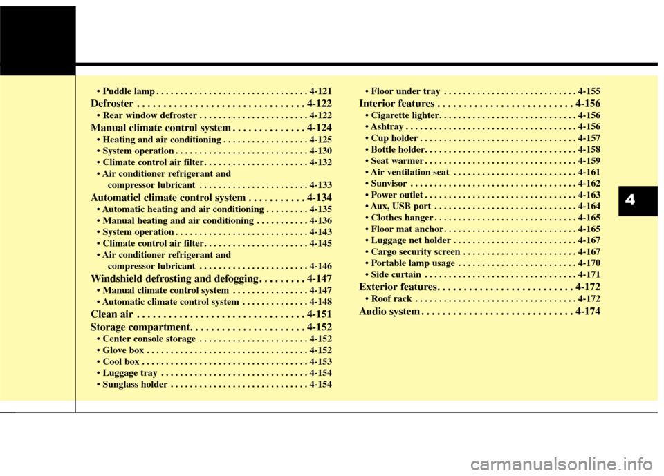 KIA Rondo 2016 3.G Owners Manual  . . . . . . . . . . . . . . . . . . . . . . . . . . . . . . . . 4-121
Defroster . . . . . . . . . . . . . . . . . . . . . . . . . . . . . . . . 4-122
 . . . . . . . . . . . . . . . . . . . . . . . 4-