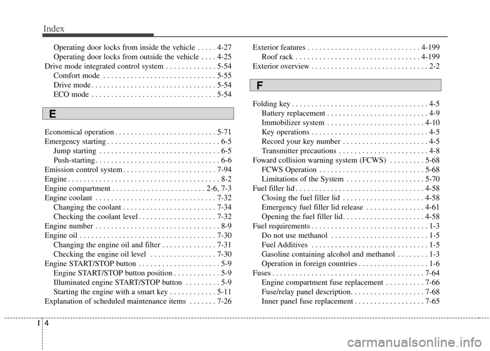 KIA Sedona 2016 3.G Owners Manual Index
4I
Operating door locks from inside the vehicle . . . . . 4-27
Operating door locks from outside the vehicle  . . . . 4-25
Drive mode integrated control system . . . . . . . . . . . . . 5-54 Com