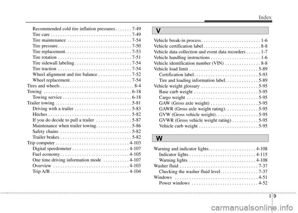 KIA Sedona 2016 3.G Owners Manual I9
Index
Recommended cold tire inflation pressures . . . . . . . 7-49
Tire care . . . . . . . . . . . . . . . . . . . . . . . . . . . . . . . . . . 7-49\
Tire maintenance . . . . . . . . . . . . . . 