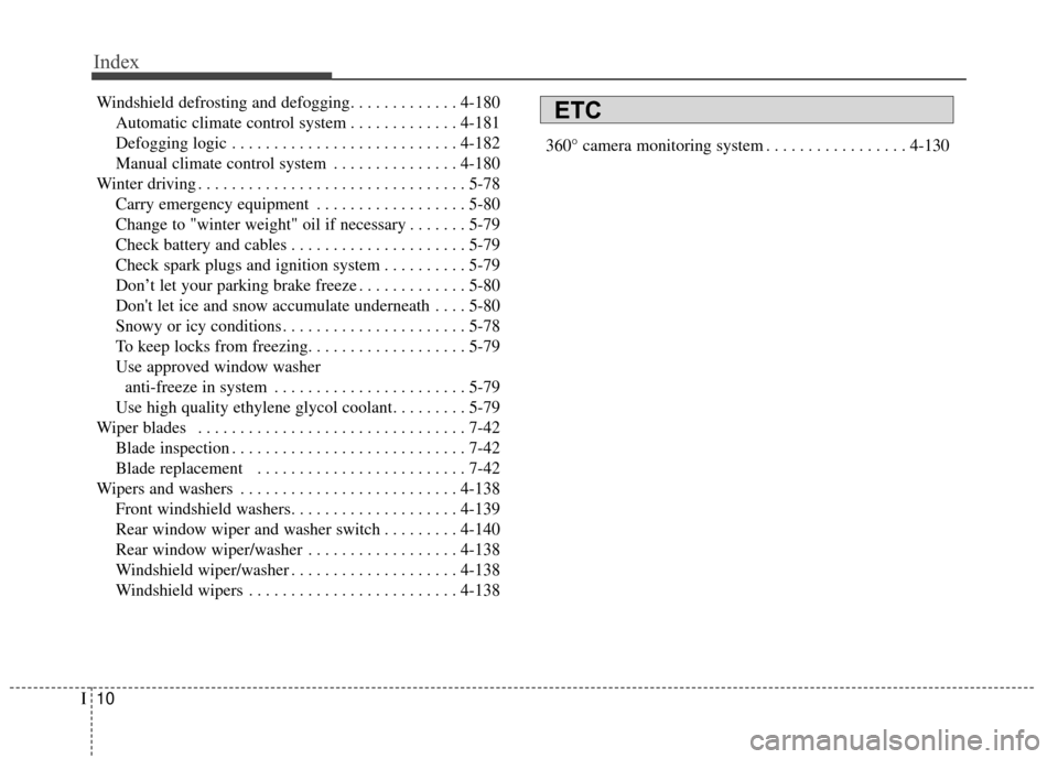 KIA Sedona 2016 3.G Owners Manual Index
10I
Windshield defrosting and defogging. . . . . . . . . . . . . 4-180Automatic climate control system . . . . . . . . . . . . . 4-181
Defogging logic . . . . . . . . . . . . . . . . . . . . . .