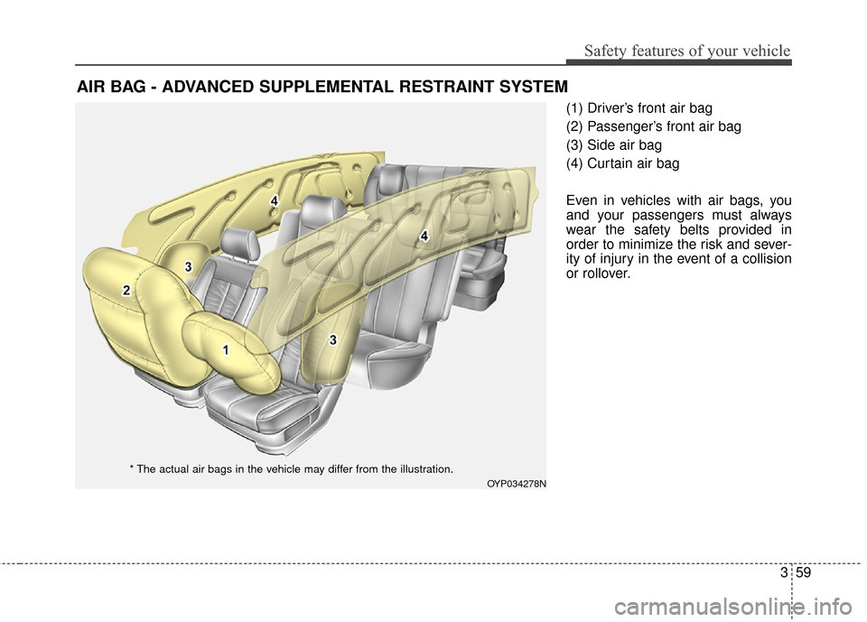 KIA Sedona 2016 3.G Manual PDF 359
Safety features of your vehicle
(1) Driver’s front air bag
(2) Passenger’s front air bag
(3) Side air bag
(4) Curtain air bag
Even in vehicles with air bags, you
and your passengers must alway KIA Sedona 2016 3.G Manual PDF 359
Safety features of your vehicle
(1) Driver’s front air bag
(2) Passenger’s front air bag
(3) Side air bag
(4) Curtain air bag
Even in vehicles with air bags, you
and your passengers must alway