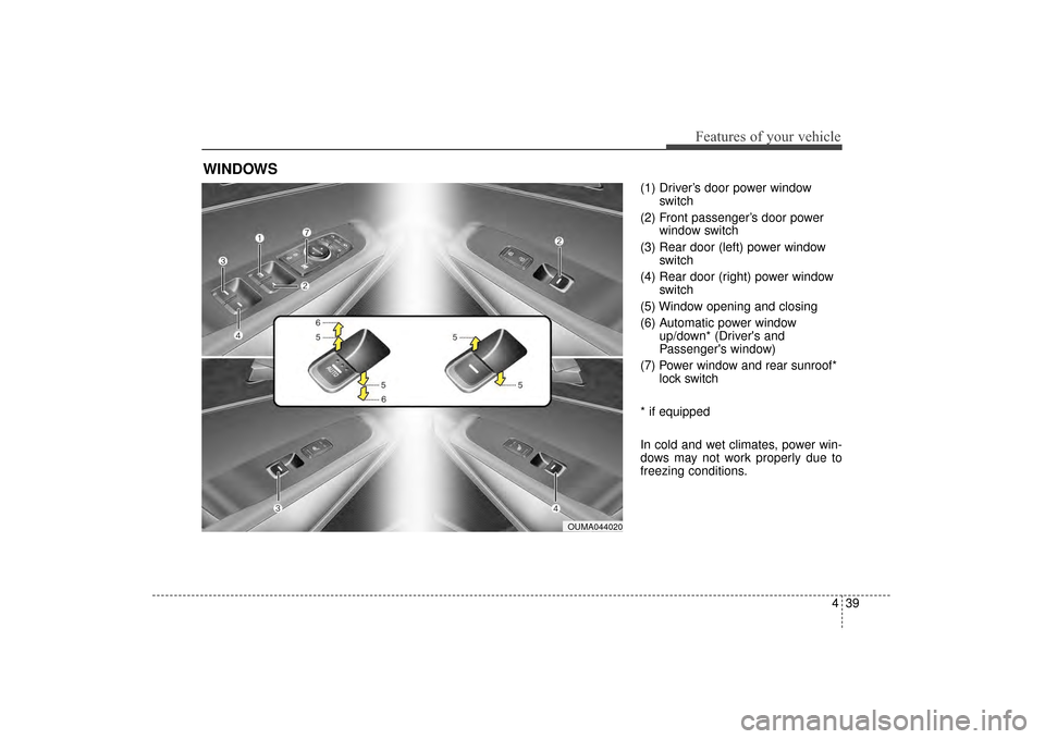 KIA Sorento 2016 3.G Owners Manual 439
Features of your vehicle
(1) Driver’s door power windowswitch
(2) Front passenger’s door power window switch
(3) Rear door (left) power window switch
(4) Rear door (right) power window switch
