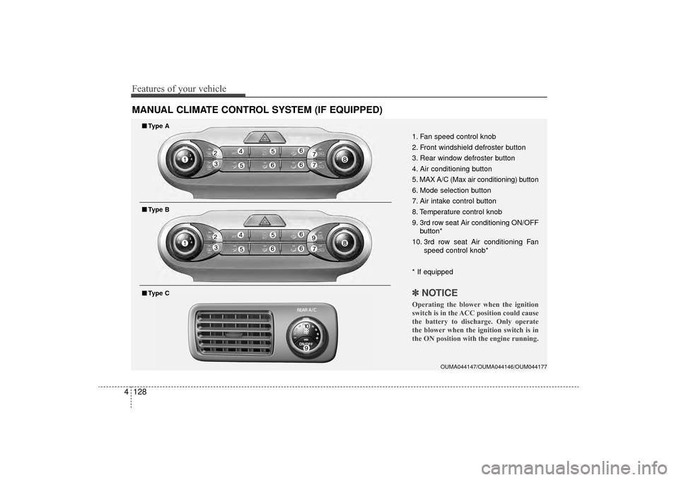 KIA Sorento 2016 3.G Owners Manual Features of your vehicle
128
4
MANUAL CLIMATE CONTROL SYSTEM (IF EQUIPPED)
OUMA044147/OUMA044146/OUM044177
1. Fan speed control knob
2. Front windshield defroster button
3. Rear window defroster butto