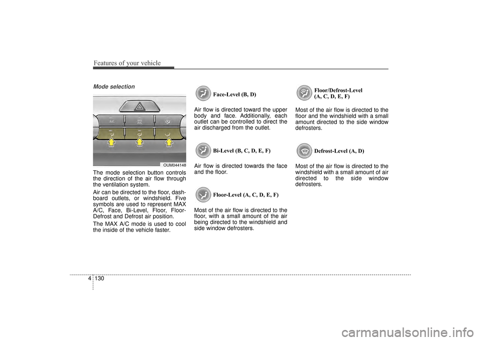 KIA Sorento 2016 3.G Owners Manual Features of your vehicle
130
4
Mode selection
The mode selection button controls
the direction of the air flow through
the ventilation system.
Air can be directed to the floor, dash-
board outlets, or KIA Sorento 2016 3.G Owners Manual Features of your vehicle
130
4
Mode selection
The mode selection button controls
the direction of the air flow through
the ventilation system.
Air can be directed to the floor, dash-
board outlets, or