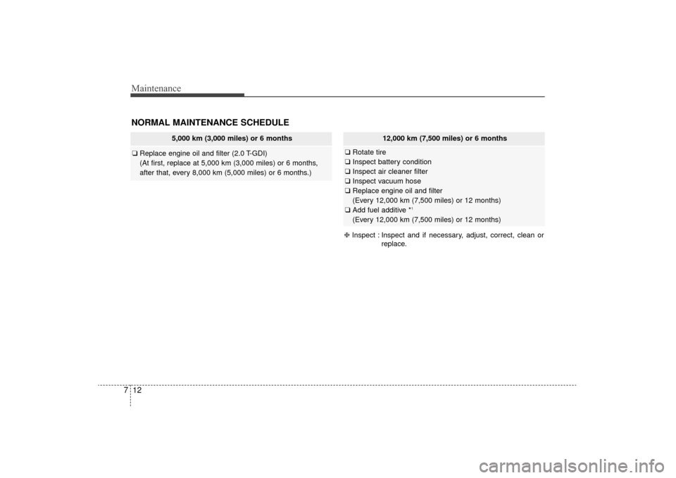 KIA Sorento 2016 3.G Owners Manual Maintenance
12
7
NORMAL MAINTENANCE SCHEDULE
12,000 km (7,500 miles) or 6 months
❑ Rotate tire
❑ Inspect battery condition
❑ Inspect air cleaner filter
❑ Inspect vacuum hose
❑ Replace engine