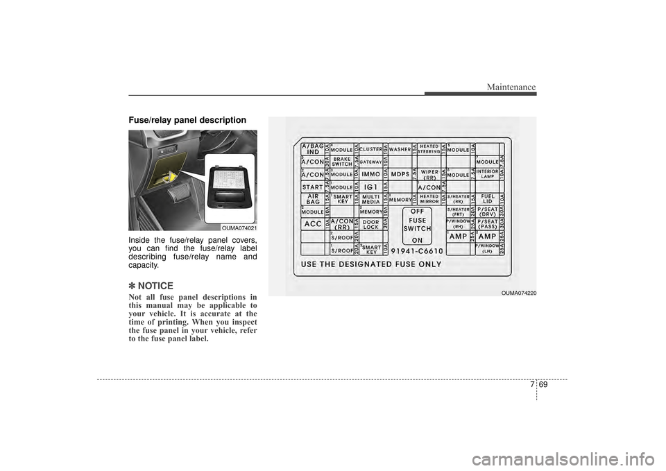 KIA Sorento 2016 3.G Owners Manual 769
Maintenance
Fuse/relay panel description
Inside the fuse/relay panel covers,
you can find the fuse/relay label
describing fuse/relay name and
capacity.
✽ ✽NOTICE
Not all fuse panel description KIA Sorento 2016 3.G Owners Manual 769
Maintenance
Fuse/relay panel description
Inside the fuse/relay panel covers,
you can find the fuse/relay label
describing fuse/relay name and
capacity.
✽ ✽NOTICE
Not all fuse panel description