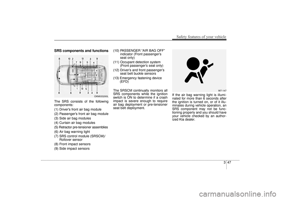 KIA Sorento 2016 3.G Owners Manual 347
Safety features of your vehicle
SRS components and functions
The SRS consists of the following
components:
(1) Drivers front air bag module
(2) Passengers front air bag module
(3) Side air bag m