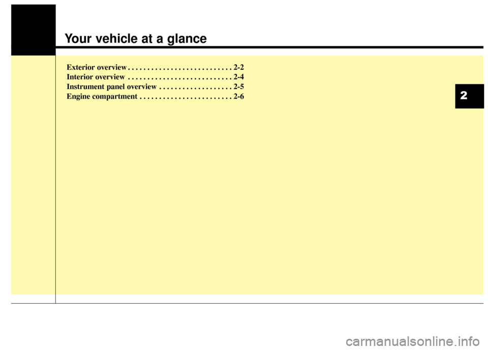 KIA Soul 2016 2.G Owners Manual Your vehicle at a glance
Exterior overview . . . . . . . . . . . . . . . . . . . . . . . . . . . 2-2
Interior overview . . . . . . . . . . . . . . . . . . . . . . . . . . . 2-4
Instrument panel overvi