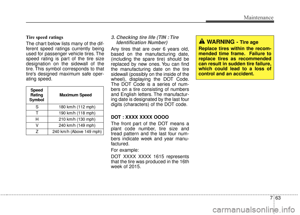 KIA Soul 2016 2.G Owners Manual 763
Maintenance
Tire speed ratings  
The chart below lists many of the dif-
ferent speed ratings currently being
used for passenger vehicle tires. The
speed rating is part of the tire size
designation