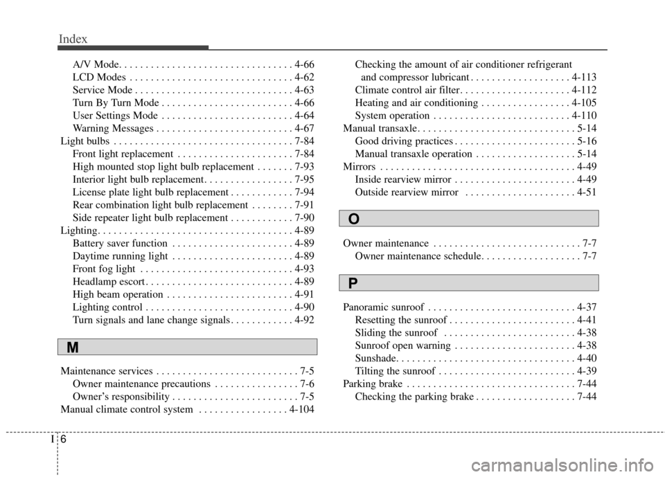 KIA Soul 2016 2.G Owners Manual Index
6I
A/V Mode. . . . . . . . . . . . . . . . . . . . . . . . . . . . . . . . . 4-66
LCD Modes . . . . . . . . . . . . . . . . . . . . . . . . . . . . . . . 4-62
Service Mode . . . . . . . . . . . 