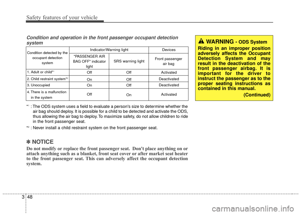KIA Soul 2016 2.G Repair Manual Safety features of your vehicle
48
3
Condition and operation in the front passenger occupant detection
system
*1: The ODS system uses a field to evaluate a persons size to determine whether the
air b