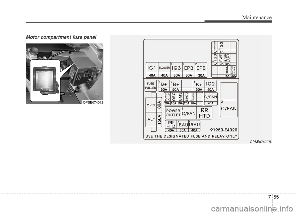 KIA Soul EV 2016 2.G Owners Manual 755
Maintenance
Motor compartment fuse panel
OPSE074012
OPSE074027L 