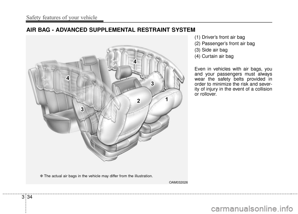 KIA Soul EV 2016 2.G Service Manual Safety features of your vehicle
34
3
(1) Driver’s front air bag
(2) Passenger’s front air bag
(3) Side air bag
(4) Curtain air bag
Even in vehicles with air bags, you
and your passengers must alwa