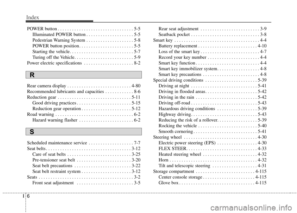 KIA Soul EV 2016 2.G Owners Manual Index
6I
POWER button . . . . . . . . . . . . . . . . . . . . . . . . . . . . . . . . 5-5Illuminated POWER button . . . . . . . . . . . . . . . . . . . . 5-5
Pedestrian Warning System . . . . . . . . 