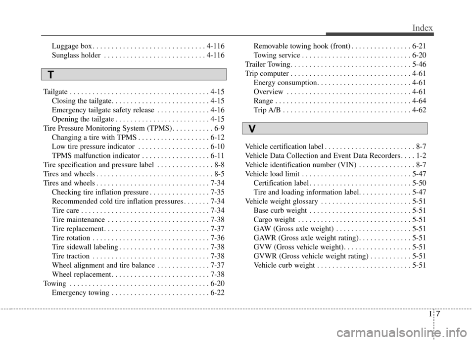 KIA Soul EV 2016 2.G Owners Manual I7
Index
Luggage box . . . . . . . . . . . . . . . . . . . . . . . . . . . . . . 4-116
Sunglass holder . . . . . . . . . . . . . . . . . . . . . . . . . . . 4-116
Tailgate . . . . . . . . . . . . . . 