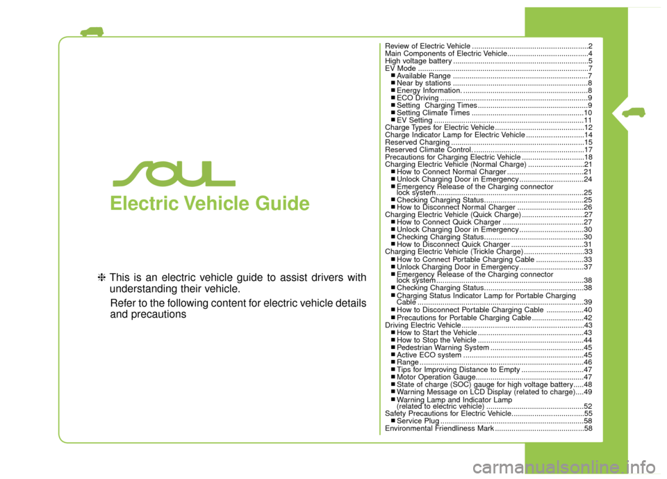 KIA Soul EV 2016 2.G Owners Manual Electric Vehicle  Guide
❈This is an electric vehicle guide to assist drivers with
understanding their vehicle.
Refer to the following content for electric vehicle details
and precautions
Review of E