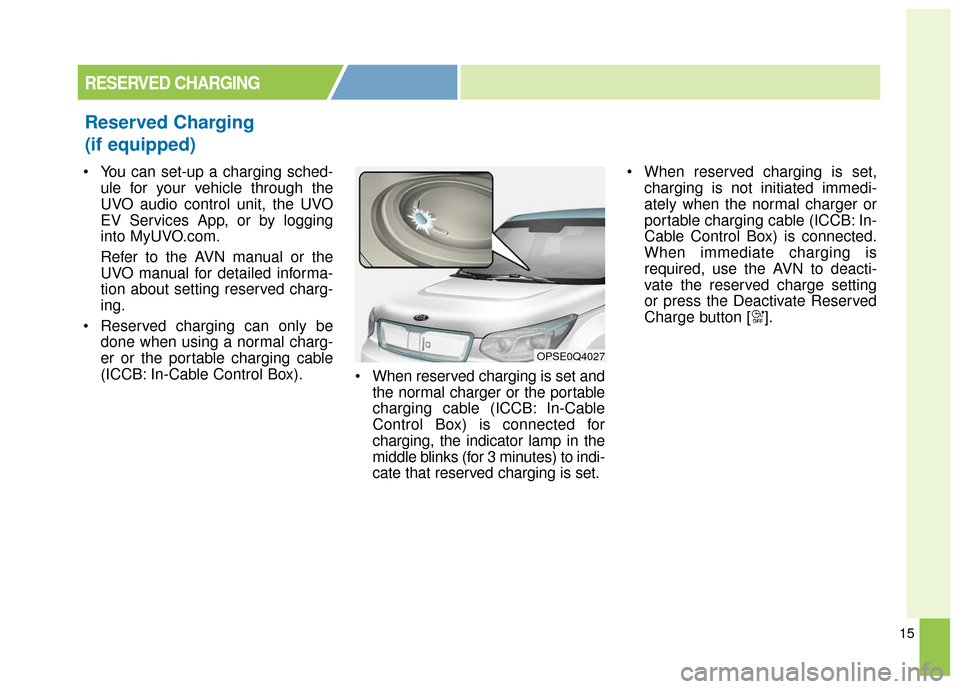 KIA Soul EV 2016 2.G Owners Manual 15
 You can set-up a charging sched-ule for your vehicle through the
UVO audio control unit, the UVO
EV Services App, or by logging
into MyUVO.com.
Refer to the AVN manual or the
UVO manual for detail
