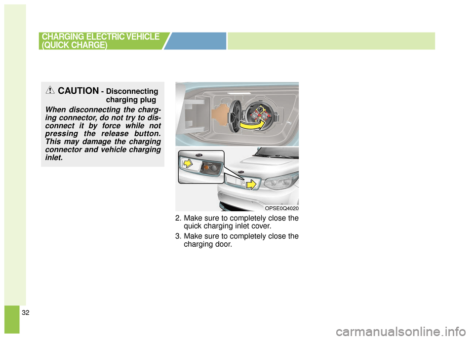 KIA Soul EV 2016 2.G Owners Manual 32
2. Make sure to completely close thequick charging inlet cover.
3. Make sure to completely close the charging door.
CHARGING ELECTRIC VEHICLE
(QUICK CHARGE)
OPSE0Q4020
CAUTION- Disconnecting
chargi KIA Soul EV 2016 2.G Owners Manual 32
2. Make sure to completely close thequick charging inlet cover.
3. Make sure to completely close the charging door.
CHARGING ELECTRIC VEHICLE
(QUICK CHARGE)
OPSE0Q4020
CAUTION- Disconnecting
chargi