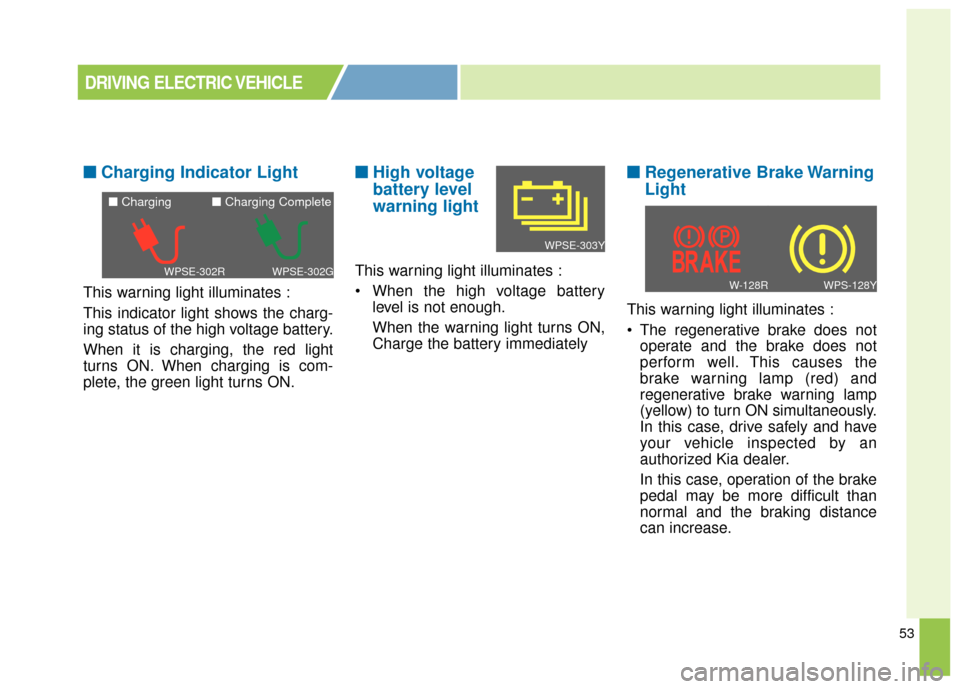 KIA Soul EV 2016 2.G Owners Manual 53
■ ■Charging Indicator Light
This warning light illuminates :
This indicator light shows the charg-
ing status of the high voltage battery.
When it is charging, the red light
turns ON. When char