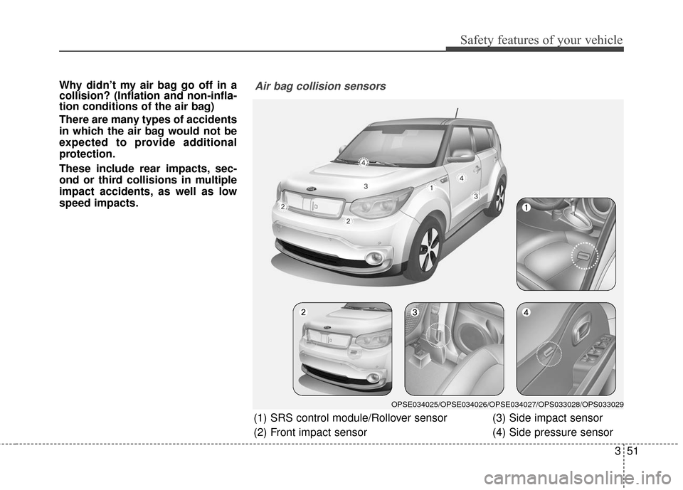 KIA Soul EV 2016 2.G Owners Manual 351
Safety features of your vehicle
Why didn’t my air bag go off in a
collision? (Inflation and non-infla-
tion conditions of the air bag)
There are many types of accidents
in which the air bag woul