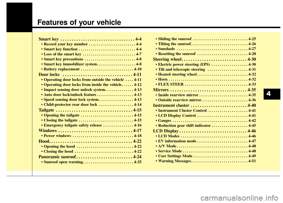 KIA Soul EV 2016 2.G Owners Manual Features of your vehicle
Smart key . . . . . . . . . . . . . . . . . . . . . . . . . . . . . . . . . 4-4
• Record your key number . . . . . . . . . . . . . . . . . . . . . . . 4-4
 . . . . . . . . .