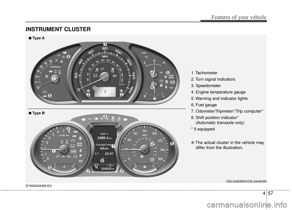 KIA Sportage 2016 QL / 4.G Owners Manual 457
Features of your vehicle
INSTRUMENT CLUSTER
D150000AAM-EU
1. Tachometer 
2. Turn signal indicators
3. Speedometer
4. Engine temperature gauge
5. Warning and indicator lights
6. Fuel gauge
7. Odome