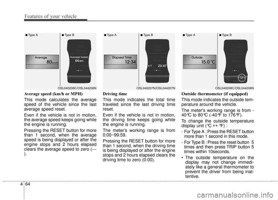 KIA Sportage 2016 QL / 4.G Owners Manual Features of your vehicle
64
4
Average speed (km/h or MPH)
This mode calculates the average
speed of the vehicle since the last
average speed reset.
Even if the vehicle is not in motion,
the average sp
