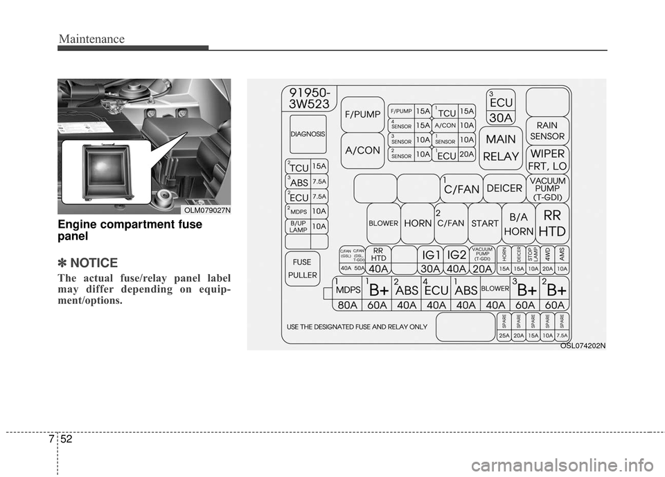 KIA Sportage 2016 QL / 4.G User Guide Maintenance
52
7
Engine compartment fuse
panel
✽ ✽
NOTICE
The actual fuse/relay panel label
may differ depending on equip-
ment/options.
OSL074202N
OLM079027N 