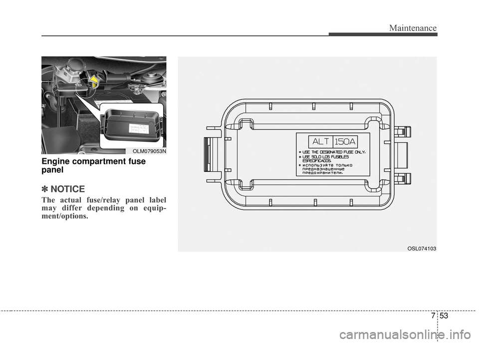 KIA Sportage 2016 QL / 4.G User Guide 753
Maintenance
Engine compartment fuse
panel
✽ ✽NOTICE
The actual fuse/relay panel label
may differ depending on equip-
ment/options.
OLM079053N
OSL074103 