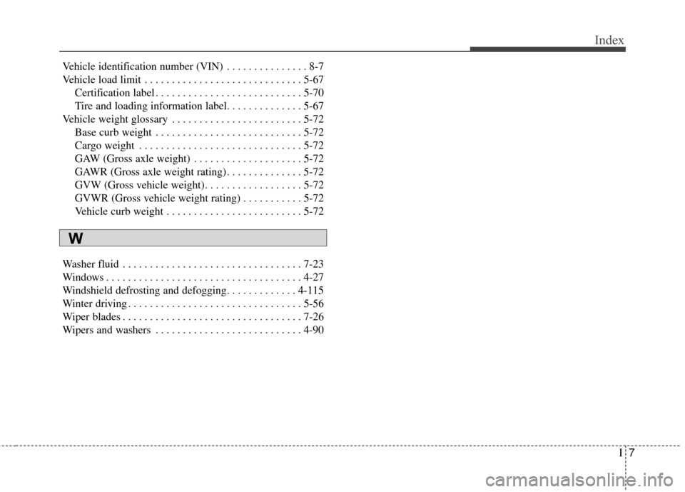 KIA Sportage 2016 QL / 4.G Owners Manual I7
Index
Vehicle identification number (VIN) . . . . . . . . . . . . . . . 8-7
Vehicle load limit . . . . . . . . . . . . . . . . . . . . . . . . . . . . . 5-67Certification label . . . . . . . . . . 