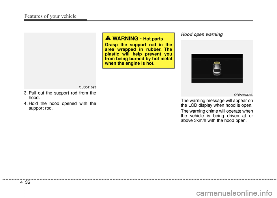 KIA Rondo 2017 3.G Owners Guide Features of your vehicle
36
4
3. Pull out the support rod from the
hood.
4. Hold the hood opened with the support rod.
Hood open warning 
The warning message will appear on
the LCD display when hood i