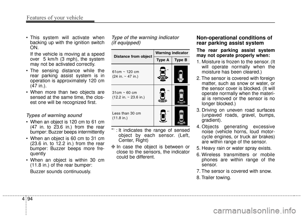 KIA Rondo 2017 3.G Owners Manual Features of your vehicle
94
4
 This system will activate when
backing up with the ignition switch
ON.
If the vehicle is moving at a speed
over  5 km/h (3 mph), the system
may not be activated correctl