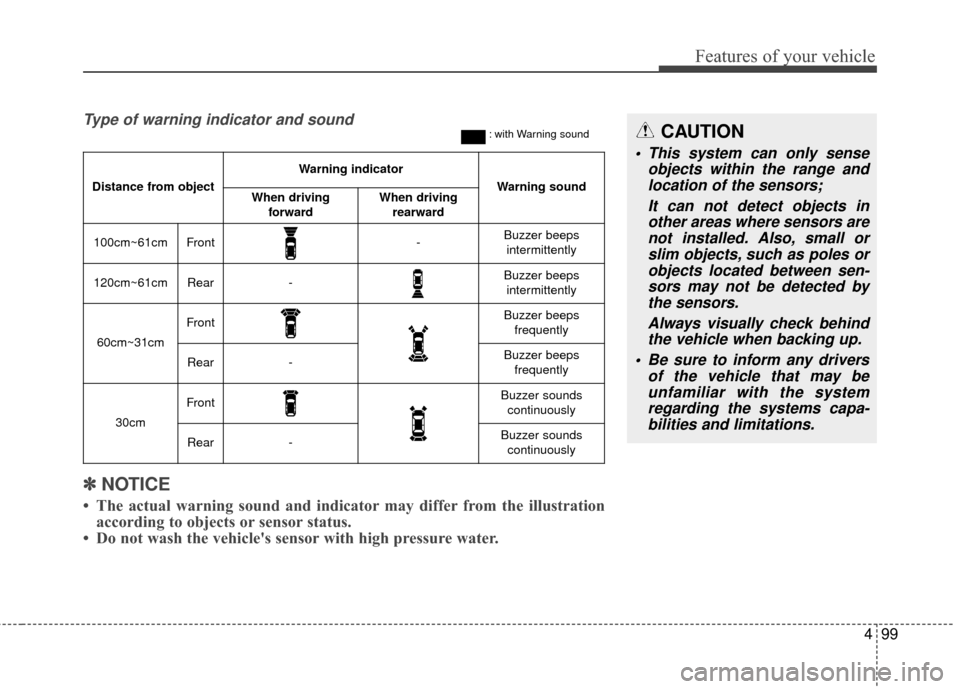 KIA Carens 2017 3.G User Guide 499
Features of your vehicle
✽ ✽NOTICE
• The actual warning sound and indicator may differ from the illustration
according to objects or sensor status.
• Do not wash the vehicles sensor with KIA Carens 2017 3.G User Guide 499
Features of your vehicle
✽ ✽NOTICE
• The actual warning sound and indicator may differ from the illustration
according to objects or sensor status.
• Do not wash the vehicles sensor with
