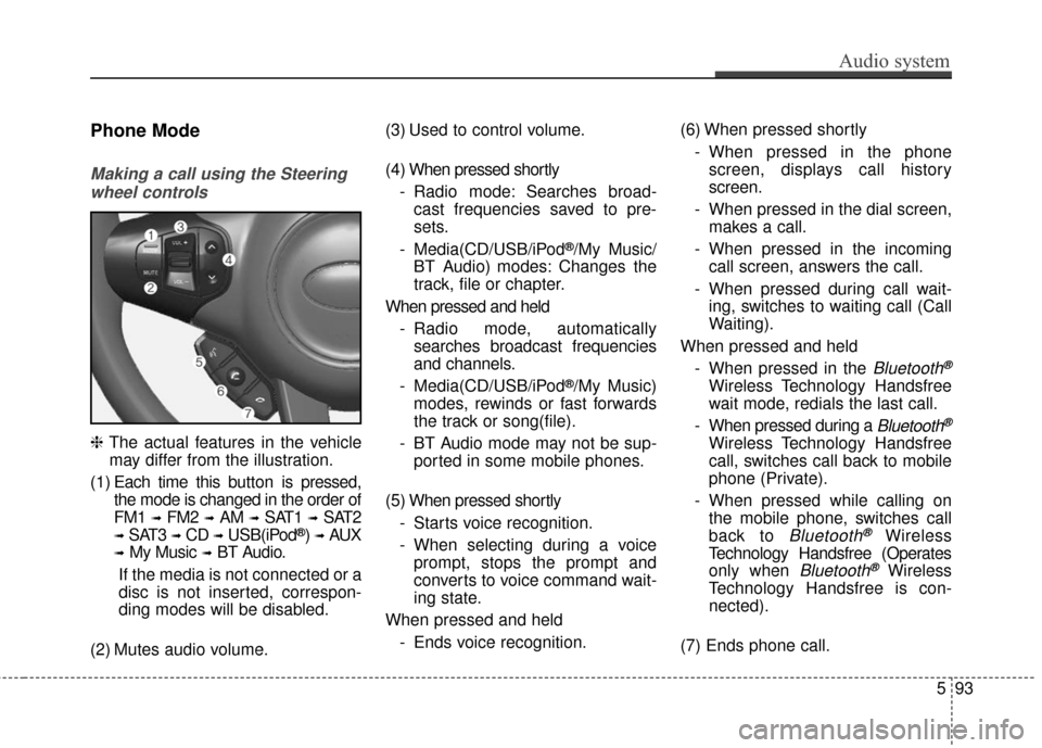 KIA Carens 2017 3.G Service Manual Audio system
593
Phone Mode
Making a call using the Steeringwheel controls
❈ The actual features in the vehicle
may differ from the illustration.
(1) Each time this button is  pressed,
the mode is c