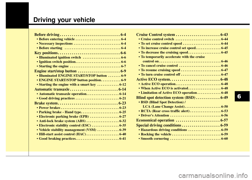 KIA Rondo 2017 3.G Owners Manual Driving your vehicle  
Before driving . . . . . . . . . . . . . . . . . . . . . . . . . . . . . . 6-4
• Before entering vehicle . . . . . . . . . . . . . . . . . . . . . . . . . 6-4
 . . . . . . . .