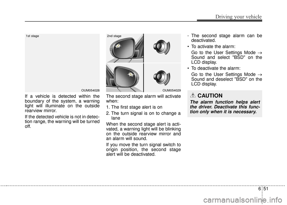 KIA Carens 2017 3.G Owners Manual 651
Driving your vehicle
If a vehicle is detected within the
boundary of the system, a warning
light will illuminate on the outside
rearview mirror.
If the detected vehicle is not in detec-
tion range