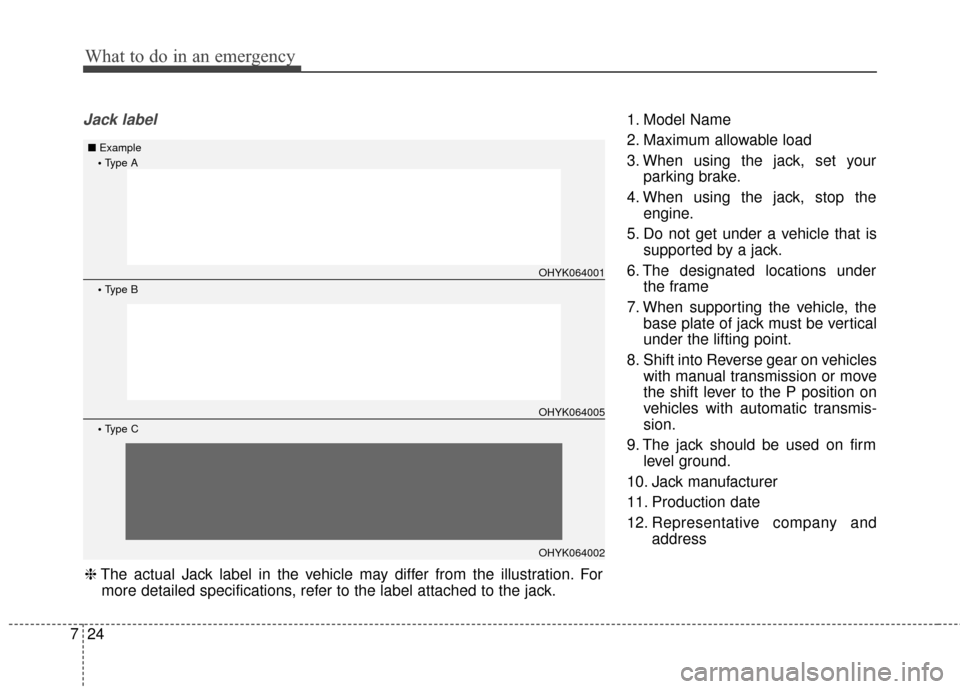 KIA Carens 2017 3.G Owners Manual What to do in an emergency
24
7
Jack label1. Model Name
2. Maximum allowable load
3. When using the jack, set your
parking brake.
4. When using the jack, stop the engine.
5. Do not get under a vehicle