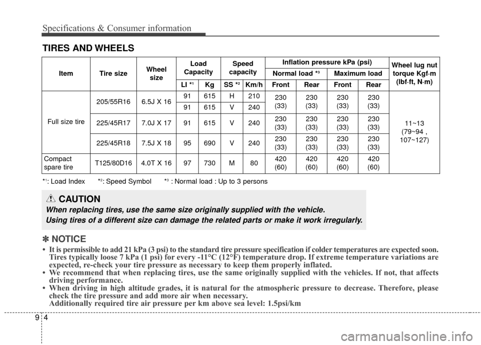 KIA Carens 2017 3.G User Guide Specifications & Consumer information
49
TIRES AND WHEELS
CAUTION
When replacing tires, use the same size originally supplied with the vehicle.Using tires of a different size can damage the related pa