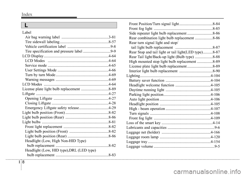 KIA Carens 2017 3.G Owners Manual Index
8I
LabelAir bag warning label ................................................3-81
Tire sidewall labeling..................................................8-57
Vehicle certification label ......