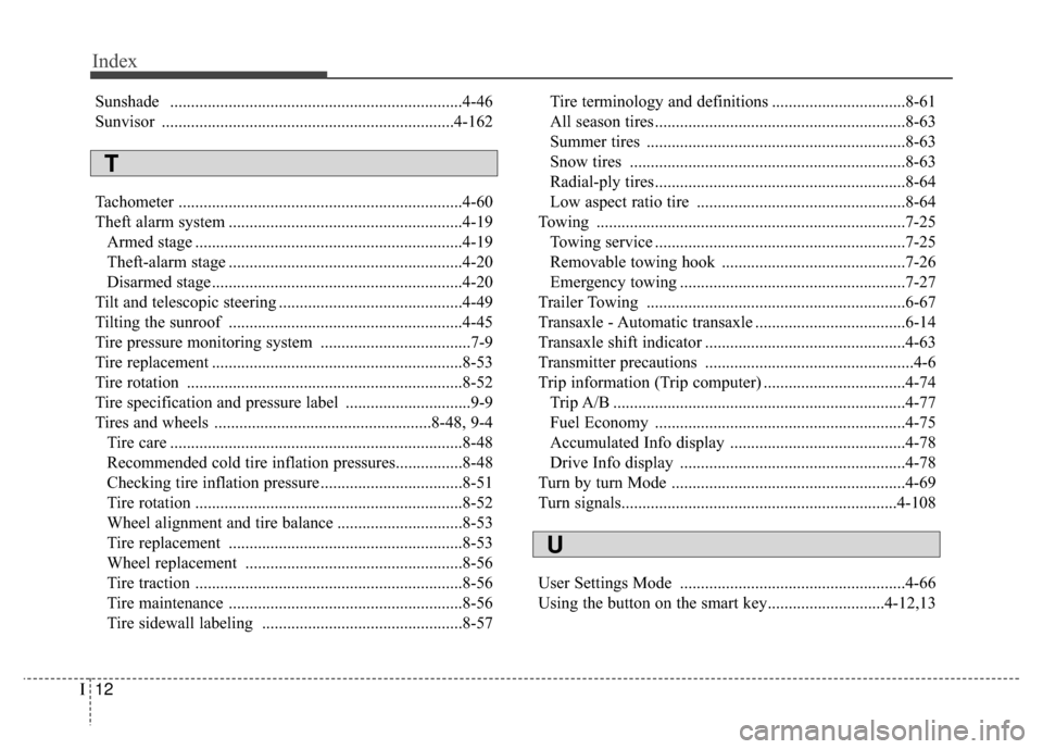 KIA Rondo 2017 3.G Owners Manual Index
12I
Sunshade ...............................................................\
.......4-46
Sunvisor ......................................................................4-\
162
Tachometer ......