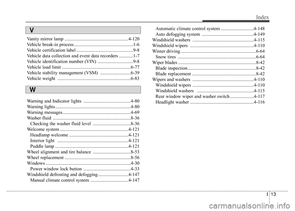 KIA Rondo 2017 3.G Owners Manual I13
Index
Vanity mirror lamp ......................................................4-120
Vehicle break-in process ..................................................1-6
Vehicle certification label ....