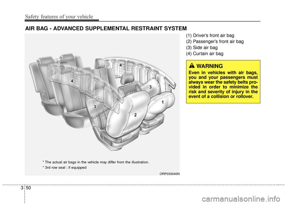 KIA Rondo 2017 3.G Repair Manual Safety features of your vehicle
50
3
(1) Driver’s front air bag
(2) Passenger’s front air bag
(3) Side air bag
(4) Curtain air bag
AIR BAG - ADVANCED SUPPLEMENTAL RESTRAINT SYSTEM 
WARNING
Even in