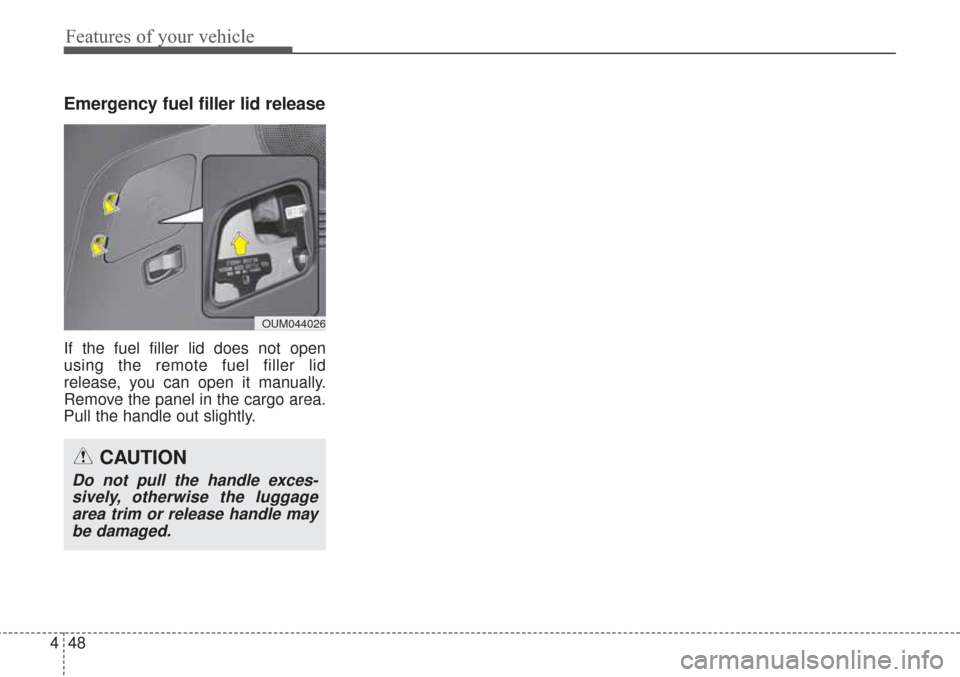 KIA Sorento 2017 3.G Owners Manual Features of your vehicle
48
4
Emergency fuel filler lid release
If the fuel filler lid does not open
using the remote fuel filler lid
release, you can open it manually.
Remove the panel in the cargo a KIA Sorento 2017 3.G Owners Manual Features of your vehicle
48
4
Emergency fuel filler lid release
If the fuel filler lid does not open
using the remote fuel filler lid
release, you can open it manually.
Remove the panel in the cargo a