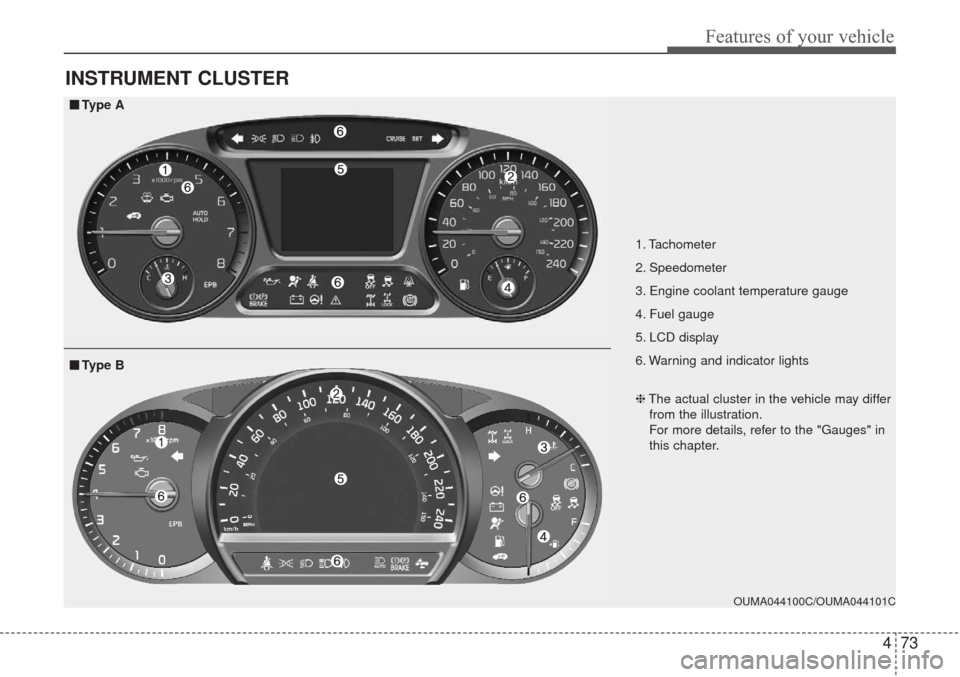 KIA Sorento 2017 3.G User Guide 473
Features of your vehicle
INSTRUMENT CLUSTER
1. Tachometer 
2. Speedometer
3. Engine coolant temperature gauge
4. Fuel gauge
5. LCD display
6. Warning and indicator lights
OUMA044100C/OUMA044101C
�