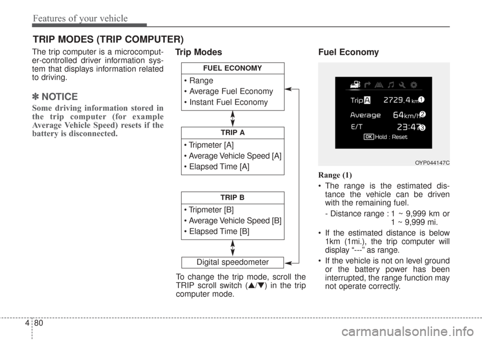 KIA Sorento 2017 3.G Owners Manual Features of your vehicle
80
4
The trip computer is a microcomput-
er-controlled driver information sys-
tem that displays information related
to driving.
✽ ✽
NOTICE
Some driving information stored