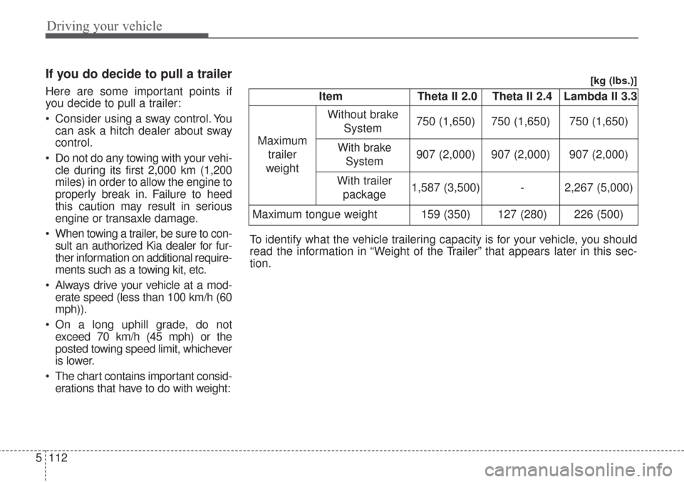KIA Sorento 2017 3.G Owners Manual Driving your vehicle
112
5
If you do decide to pull a trailer
Here are some important points if
you decide to pull a trailer:
Consider using a sway control. You
can ask a hitch dealer about sway
cont KIA Sorento 2017 3.G Owners Manual Driving your vehicle
112
5
If you do decide to pull a trailer
Here are some important points if
you decide to pull a trailer:
Consider using a sway control. You
can ask a hitch dealer about sway
cont