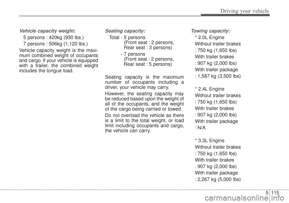 KIA Sorento 2017 3.G User Guide 5115
Driving your vehicle
Vehicle capacity weight:
5 persons : 420kg (930 lbs.)
7 persons : 506kg (1,120 lbs.)
Vehicle capacity weight is the maxi-
mum combined weight of occupants
and cargo. If your 
