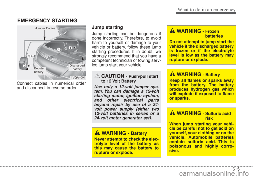 KIA Sorento 2017 3.G User Guide 65
What to do in an emergency
EMERGENCY STARTING
Connect cables in numerical order
and disconnect in reverse order.
Jump starting  
Jump starting can be dangerous if
done incorrectly. Therefore, to av